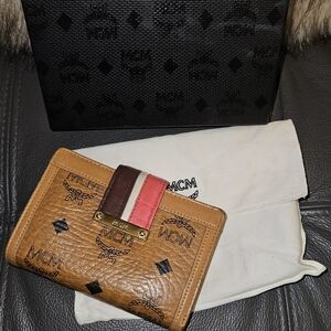 MCM Brown Leather Wallet with Multicolor Strap